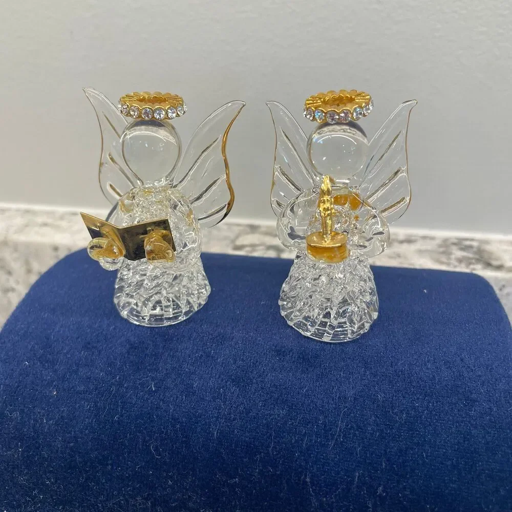 Vtg Hand Spun Glass Angels 18K Gold Swarovski Crystal Blue Velvet Music Box